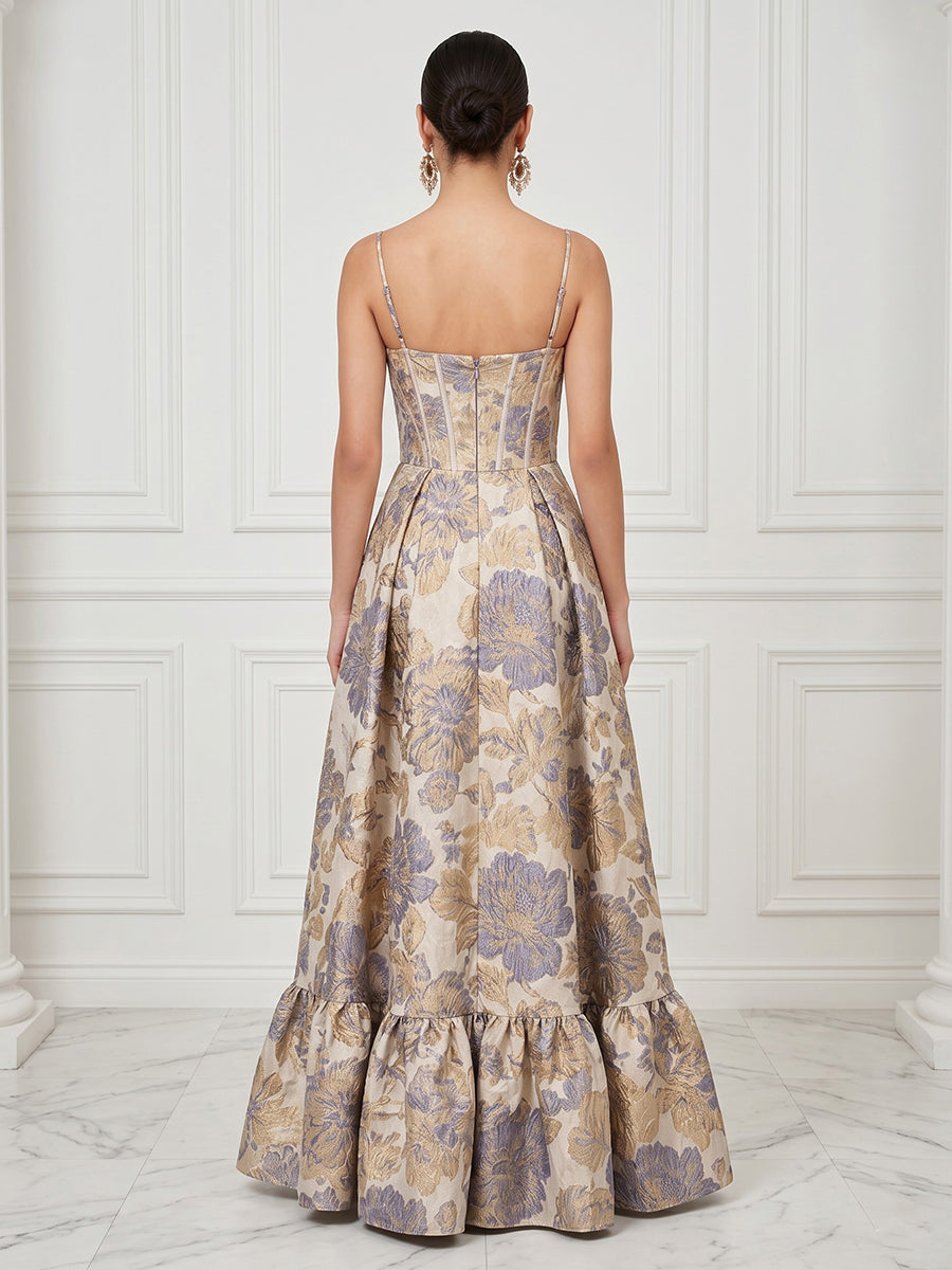 A Line Sweetheart Satin Jacquard Sleeveless Evening Dresses with Slit