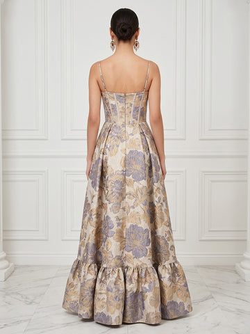 A Line Sweetheart Satin Jacquard Sleeveless Evening Dresses with Slit