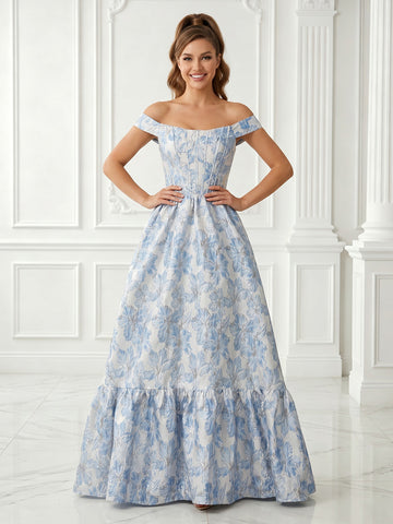 Satin A Line Off the Shoulder Jacquard Sleeveless Corset Long Evening Dresses