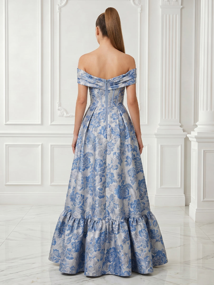 Satin A Line Off the Shoulder Jacquard Sleeveless Corset Long Evening Dresses