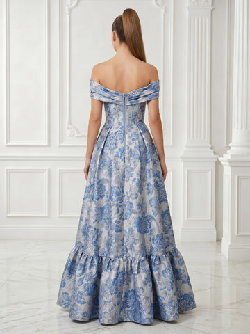 Satin A Line Off the Shoulder Jacquard Sleeveless Corset Long Evening Dresses