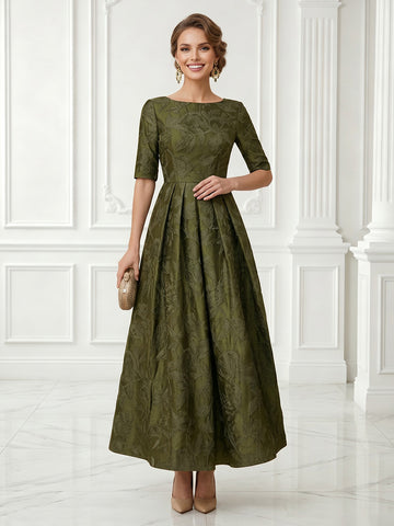 A Line Scoop Neck Satin Half Sleeves Jacquard Evening Dresses