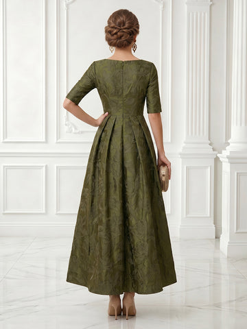 A Line Scoop Neck Satin Half Sleeves Jacquard Evening Dresses