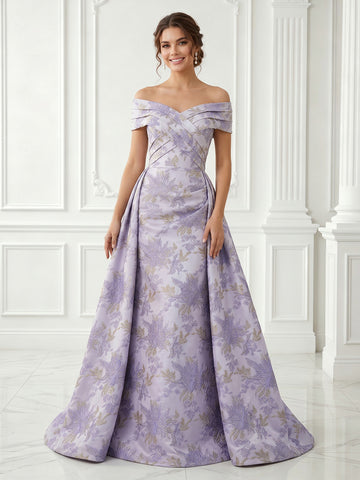 A Line Satin Off the Shoulder Sleeveless Jacquard Long Evening Dresses
