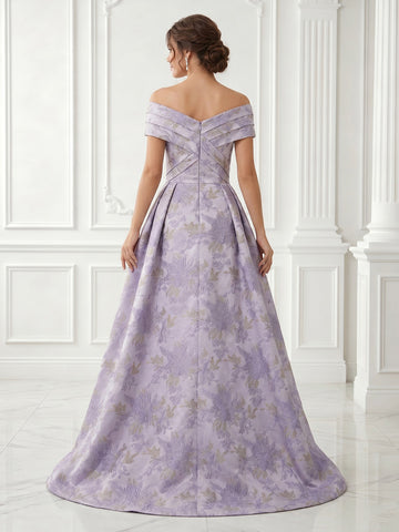 A Line Satin Off the Shoulder Sleeveless Jacquard Long Evening Dresses