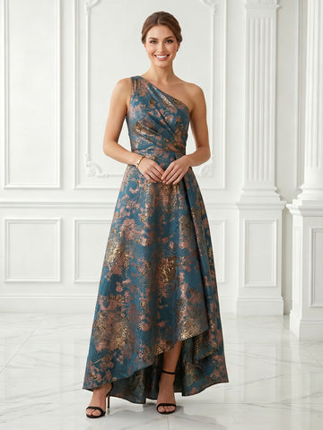 A Line Satin One Shoulder Sleeveless Jacquard Evening Dresses