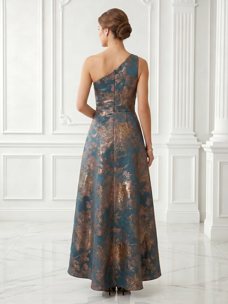 A Line Satin One Shoulder Sleeveless Jacquard Evening Dresses