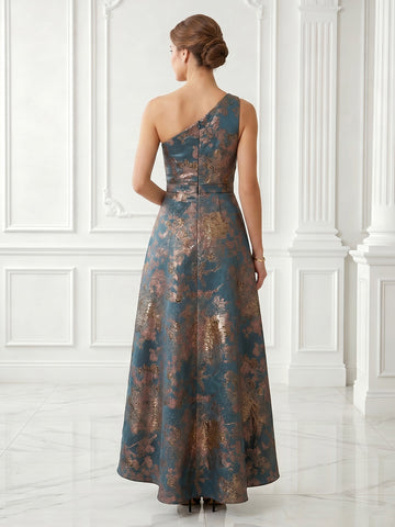 A Line Satin One Shoulder Sleeveless Jacquard Evening Dresses
