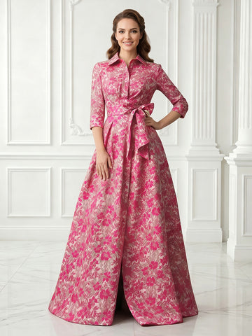 A Line Jacket Satin 3/4 Sleeves Jacquard Long Evening Dresses