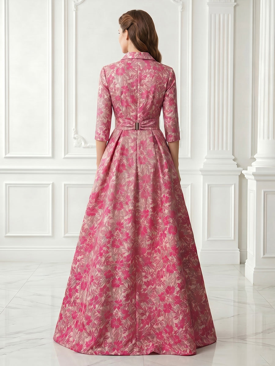 A Line Jacket Satin 3/4 Sleeves Jacquard Long Evening Dresses