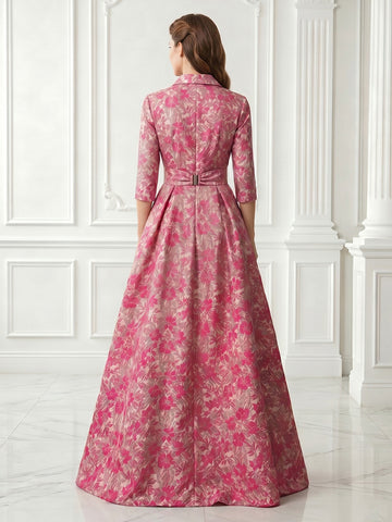A Line Jacket Satin 3/4 Sleeves Jacquard Long Evening Dresses
