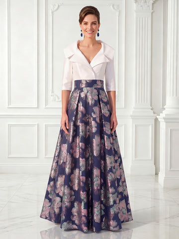 A Line Satin Jacket Half Sleeves Jacquard Long Evening Dresses