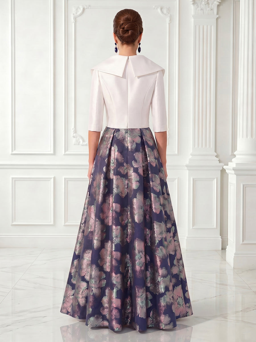 A Line Satin Jacket Half Sleeves Jacquard Long Evening Dresses