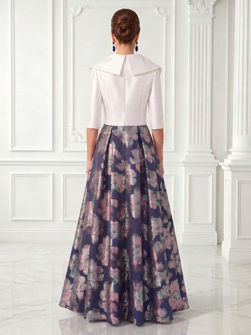 A Line Satin Jacket Half Sleeves Jacquard Long Evening Dresses