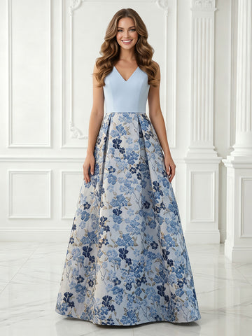 A Line V Neck Satin Sleeveless Jacquard Long Evening Dresses