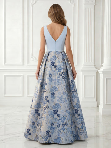 A Line V Neck Satin Sleeveless Jacquard Long Evening Dresses