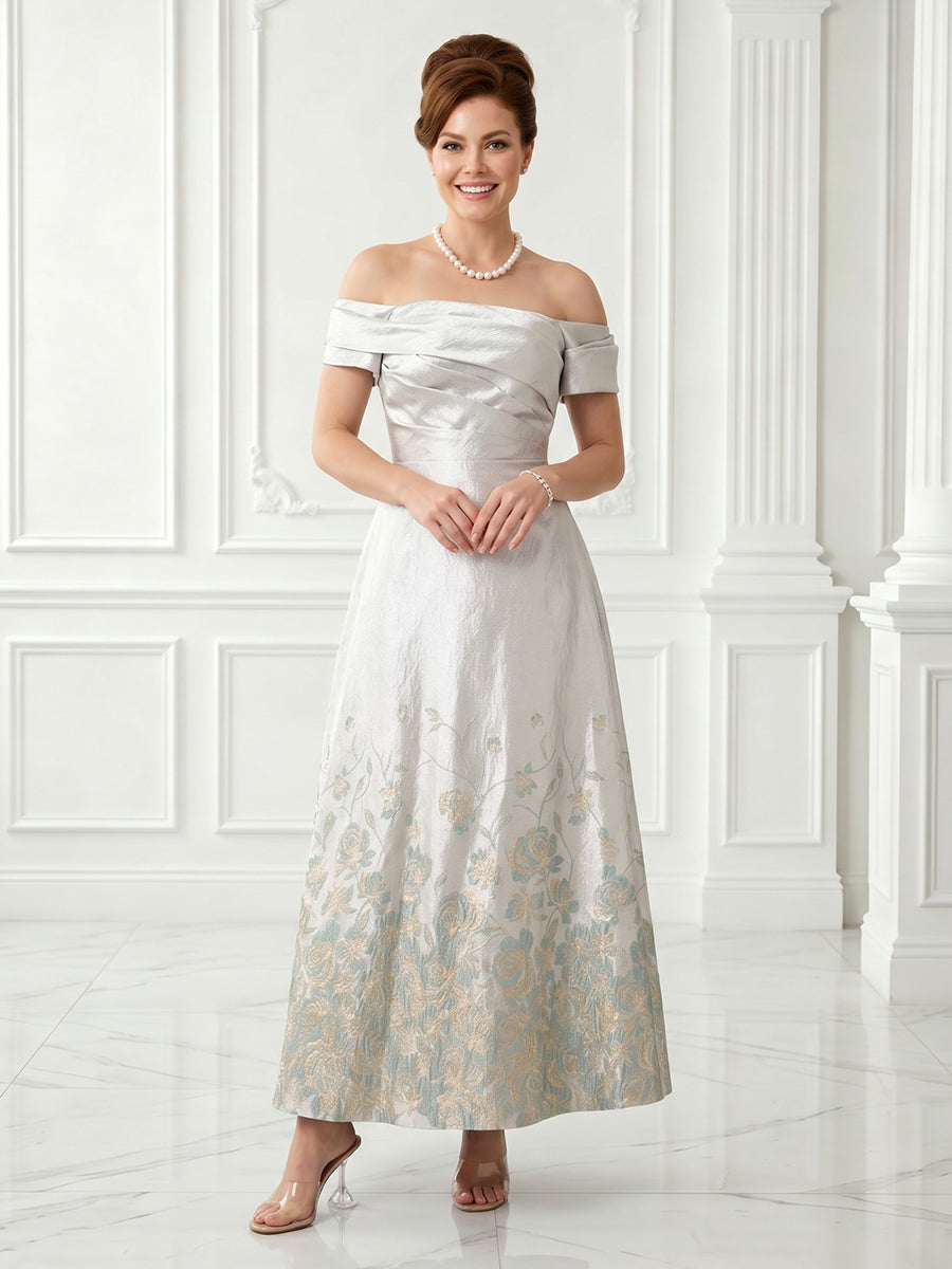 Satin A Line Off the Shoulder Jacquard Short Sleeves Long Evening Dresses