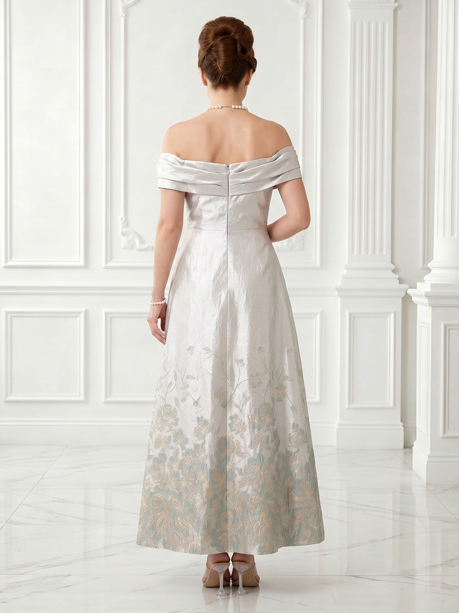 Satin A Line Off the Shoulder Jacquard Short Sleeves Long Evening Dresses
