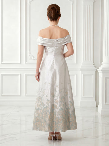 Satin A Line Off the Shoulder Jacquard Short Sleeves Long Evening Dresses