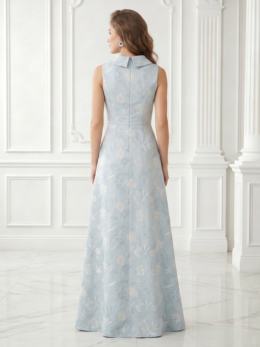 A Line Jewel Satin Jacquard Sleeveless Evening Dresses