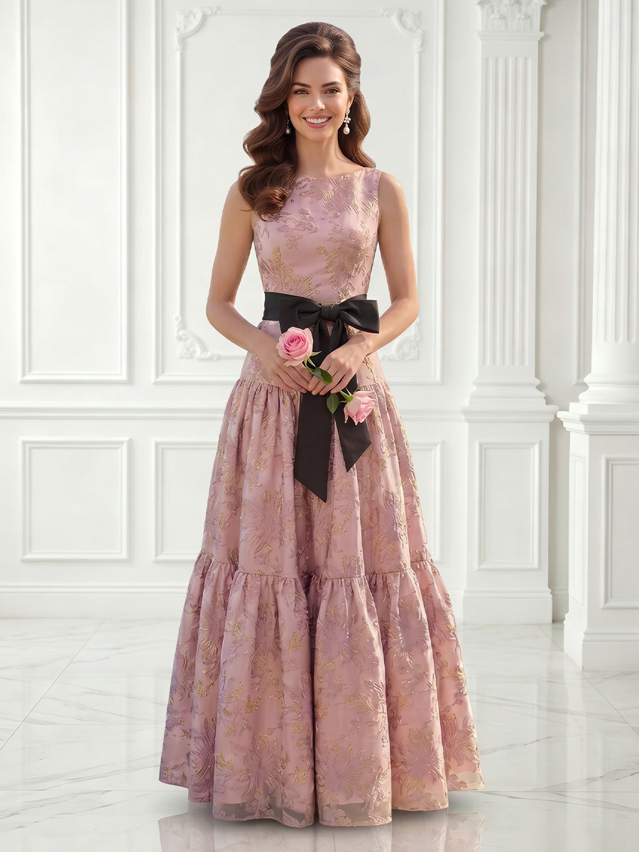 Boat Neck Satin A Line Sleeveless Jacquard Long Evening Dresses