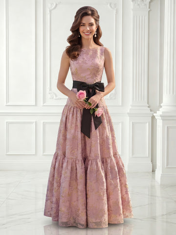 Boat Neck Satin A Line Sleeveless Jacquard Long Evening Dresses