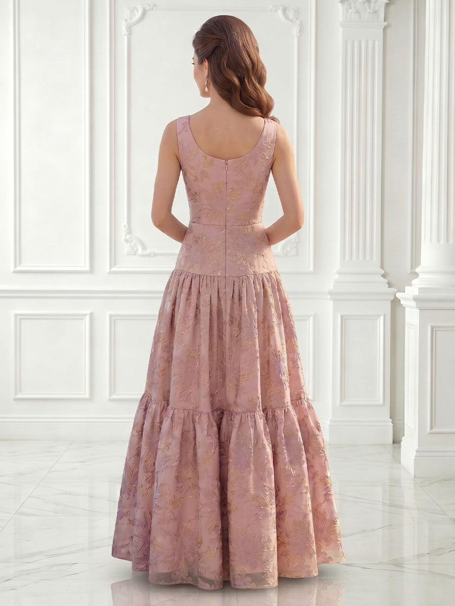 Boat Neck Satin A Line Sleeveless Jacquard Long Evening Dresses