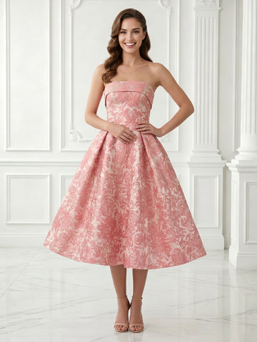 A Line Strapless Sleeveless Satin Jacquard Evening Dresses