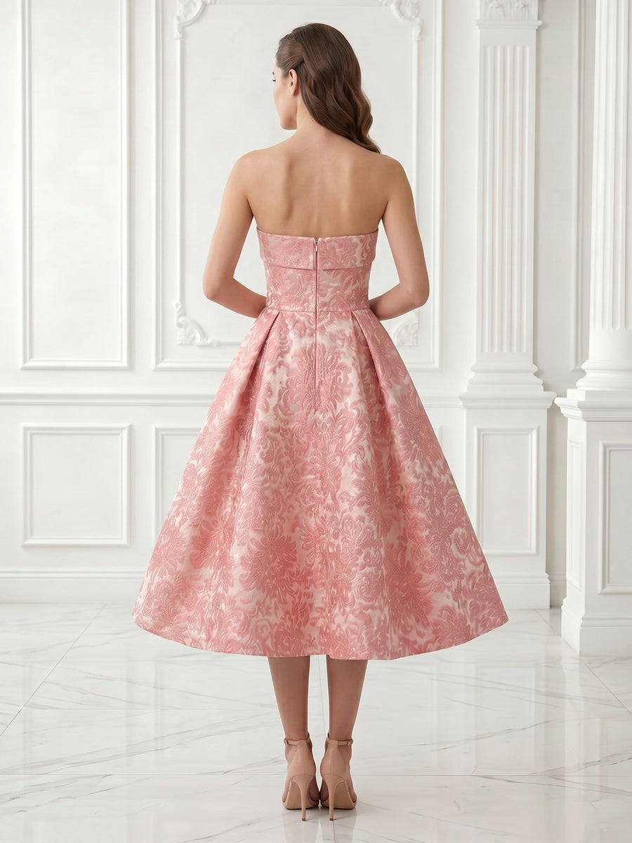 A Line Strapless Sleeveless Satin Jacquard Evening Dresses