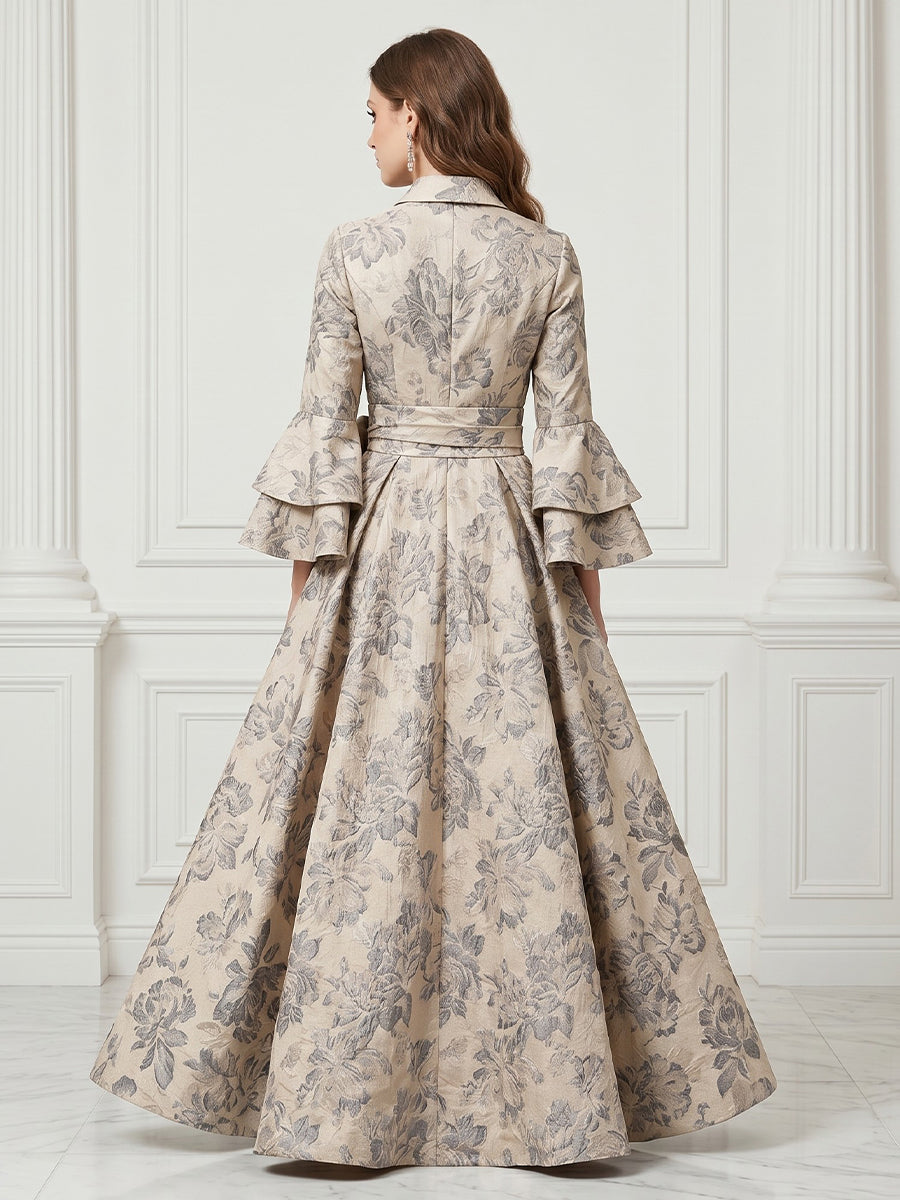 A Line Jacket Satin 3/4 Sleeves Jacquard Long Evening Dresses