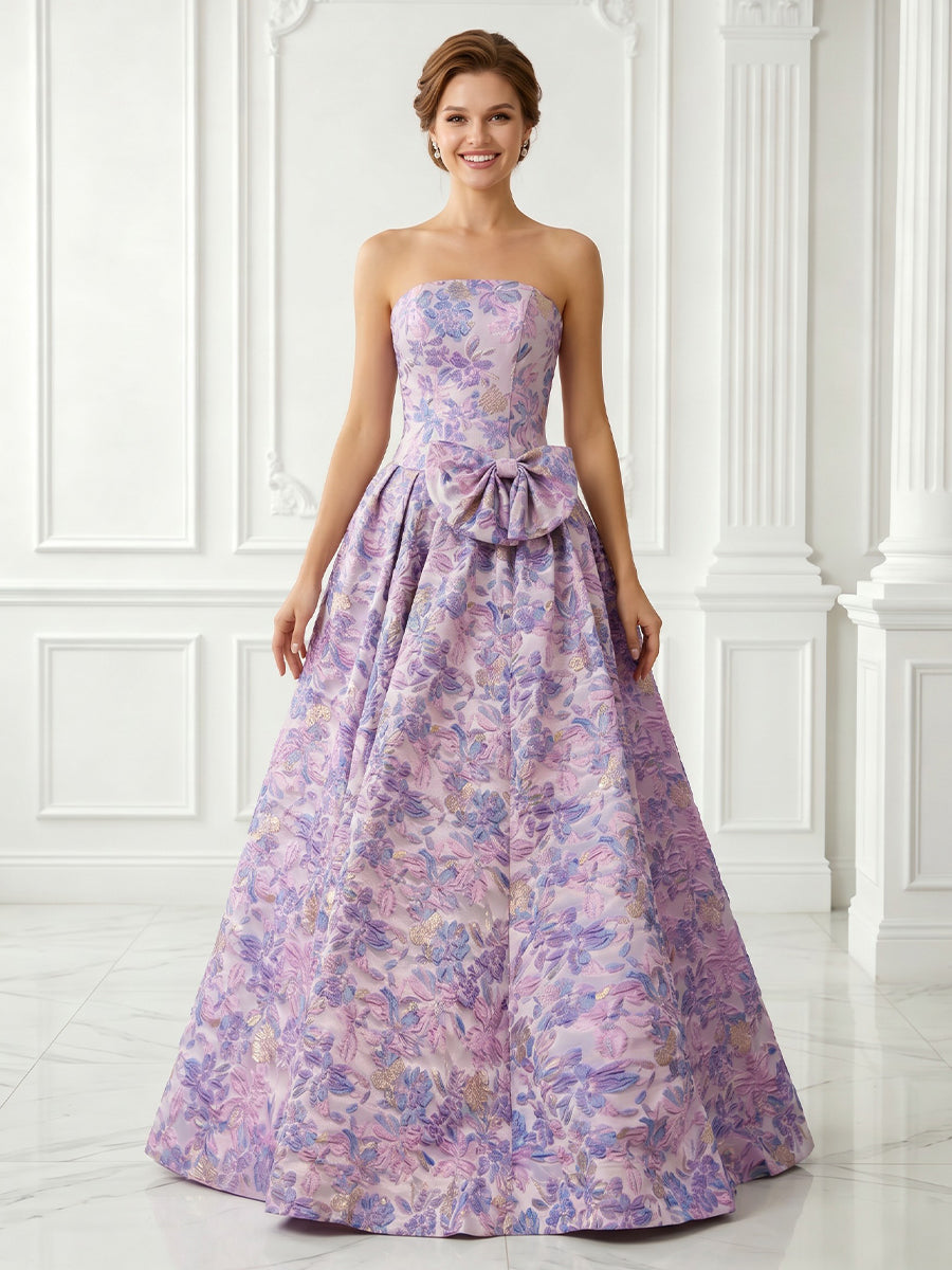 Satin A Line Strapless Jacquard Sleeveless Long Evening Dresses