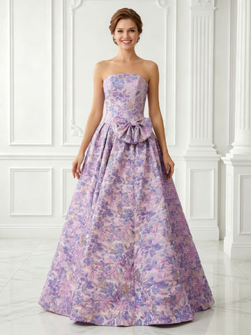 Satin A Line Strapless Jacquard Sleeveless Long Evening Dresses