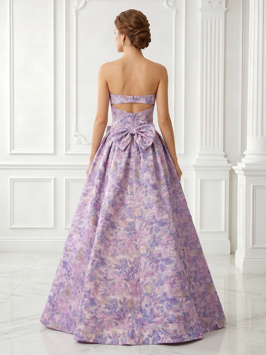 Satin A Line Strapless Jacquard Sleeveless Long Evening Dresses