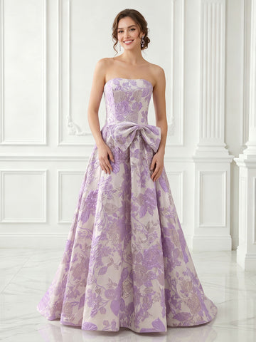 A Line Strapless Satin Jacquard Sleeveless Long Evening Dresses