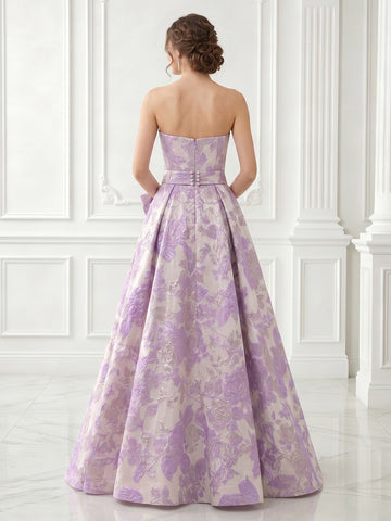 A Line Strapless Satin Jacquard Sleeveless Long Evening Dresses