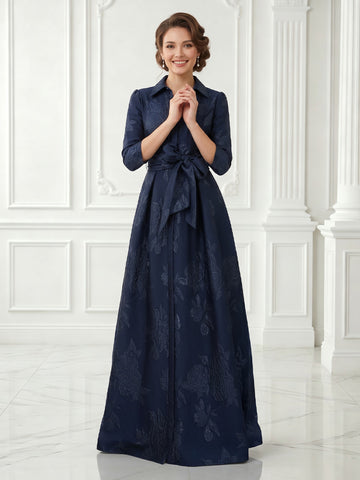 Jacket Satin A Line 3/4 Sleeves Jacquard Long Evening Dresses