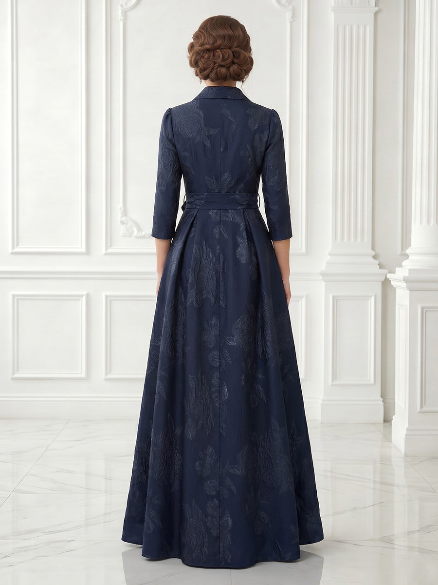 Jacket Satin A Line 3/4 Sleeves Jacquard Long Evening Dresses
