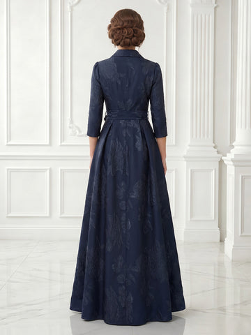 Jacket Satin A Line 3/4 Sleeves Jacquard Long Evening Dresses