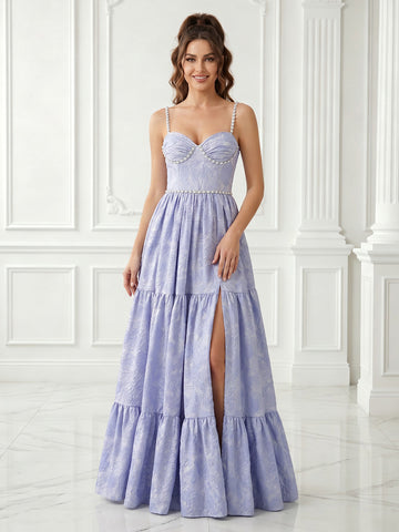 A Line Satin Sweetheart Sleeveless Jacquard Long Evening Dresses with Slit