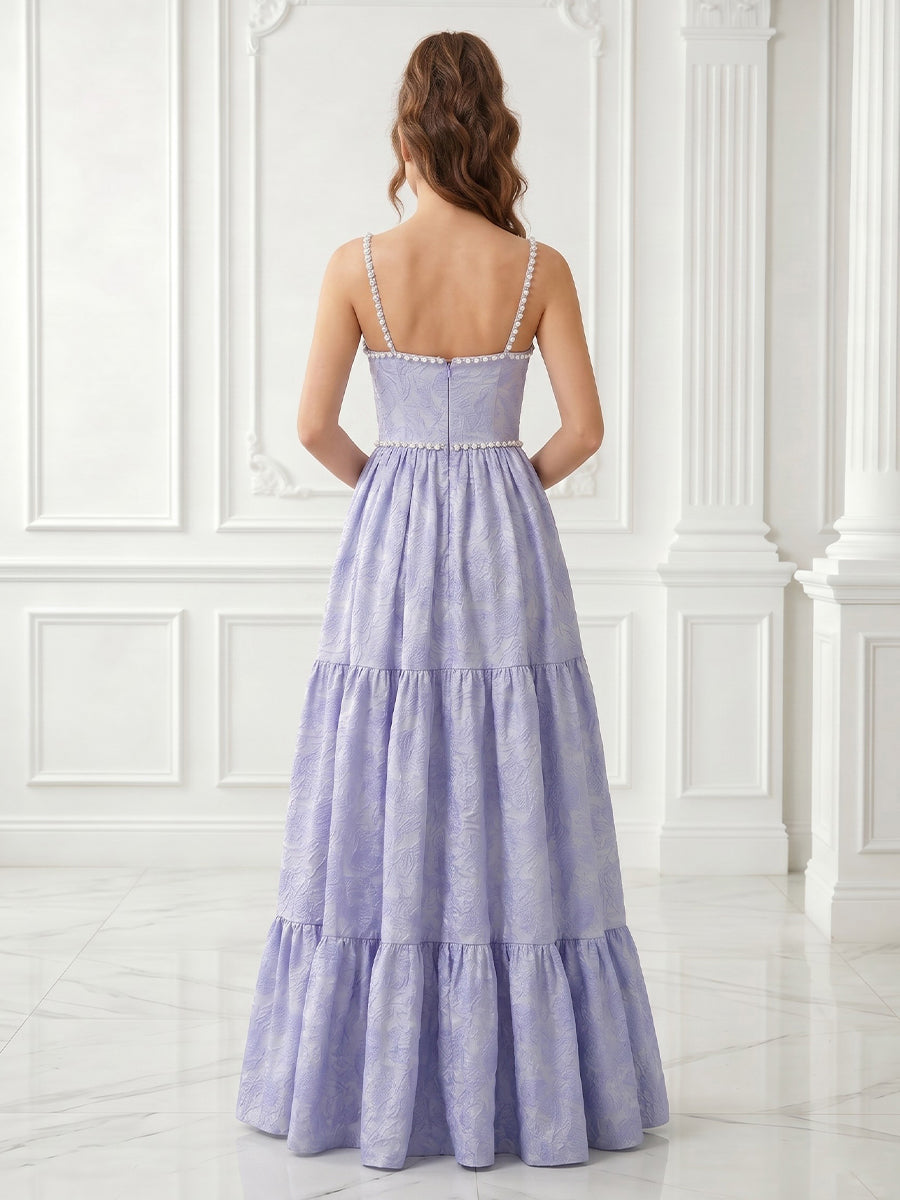 A Line Satin Sweetheart Sleeveless Jacquard Long Evening Dresses with Slit