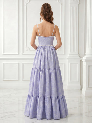 A Line Satin Sweetheart Sleeveless Jacquard Long Evening Dresses with Slit