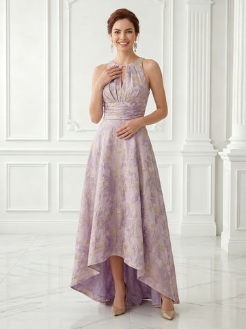 Satin A Line Jewel Jacquard Sleeveless Long Evening Dresses