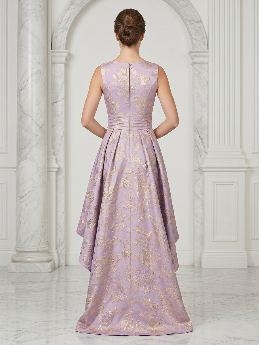 Satin A Line Jewel Jacquard Sleeveless Long Evening Dresses