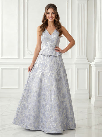 A Line V Neck Satin Jacquard Sleeveless Long Evening Dresses