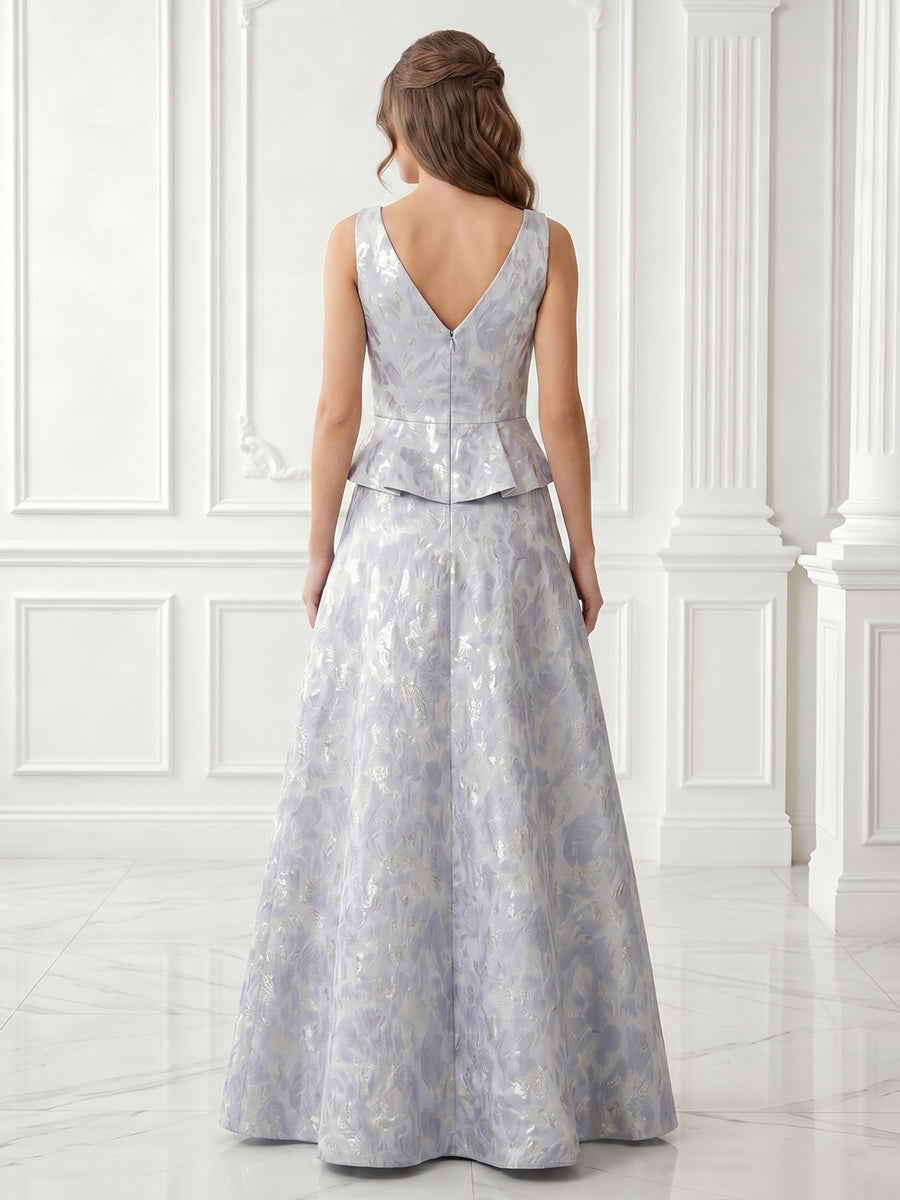 A Line V Neck Satin Jacquard Sleeveless Long Evening Dresses
