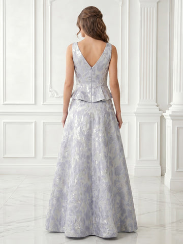 A Line V Neck Satin Jacquard Sleeveless Long Evening Dresses