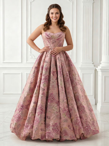 Strapless Satin A Line Corset Sleeveless Jacquard Long Evening Dresses