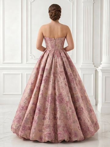 Strapless Satin A Line Corset Sleeveless Jacquard Long Evening Dresses