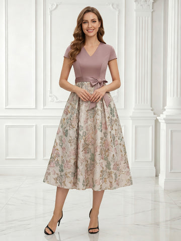 A Line V Neck Short Sleeves Satin Jacquard Evening Dresses