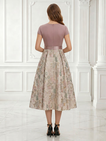 A Line V Neck Short Sleeves Satin Jacquard Evening Dresses